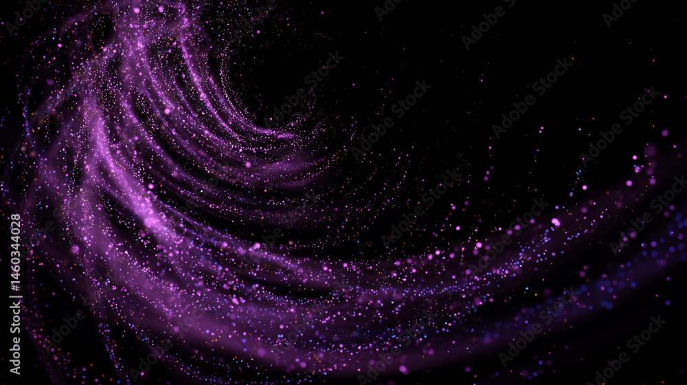 Poster Abstract purple particle effect, swirling particles magic visual effect layer overlay isolated black and