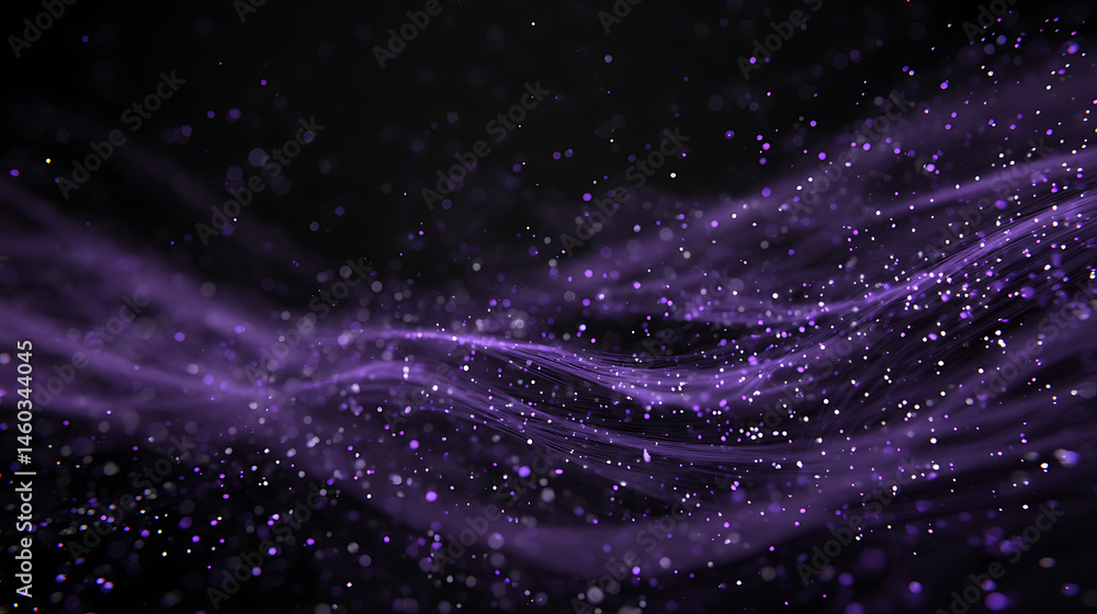 Poster Abstract purple particle effect, swirling particles magic visual effect layer overlay isolated black and