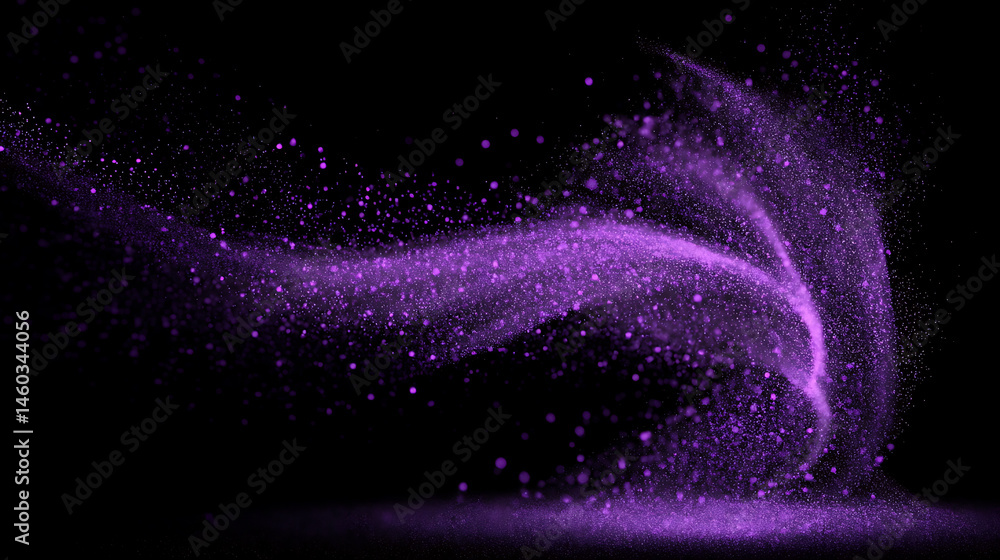 Poster Abstract purple particle effect, swirling particles magic visual effect layer overlay isolated black and
