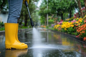 Fototapeta premium Cleaning a walkway with high-pressure water
