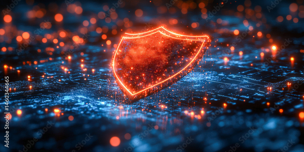 Poster representation of cyber security shield in a digital landscape with glowing elements and circuitry c