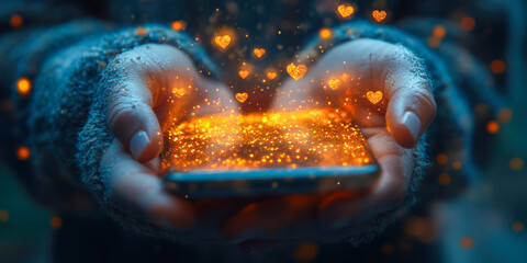 Fototapeta premium Hands holding a smartphone that emits glowing hearts and sparkles in a conceptual social media setting