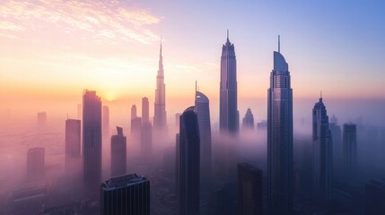 Obraz premium Misty sunrise over a cityscape of modern towers.