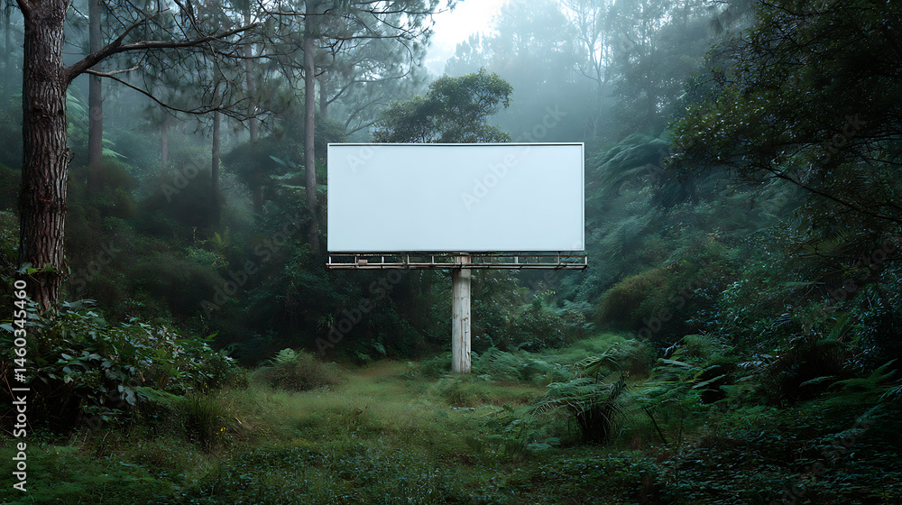 Poster an empty billboard in the middle of a forest