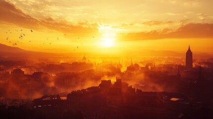 Fototapeta premium Golden hour cityscape shrouded in hazy atmosphere.
