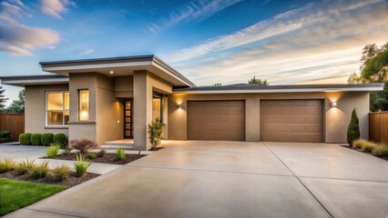 Fototapeta premium Modern Contemporary Home Exterior with Two-Car Garage and Landscaped Yard at Dusk