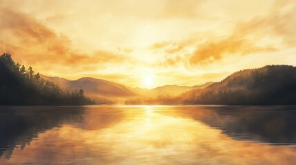 Golden sunrise over a serene mountain lake.