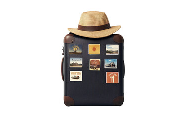 Suitcase with travel stickers and a straw hat, symbolizing the excitement of global exploration isolated on white background PNG