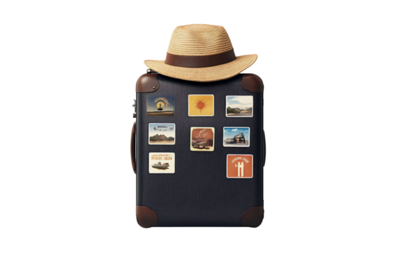 Suitcase with travel stickers and a straw hat, symbolizing the excitement of global exploration isolated on white background PNG