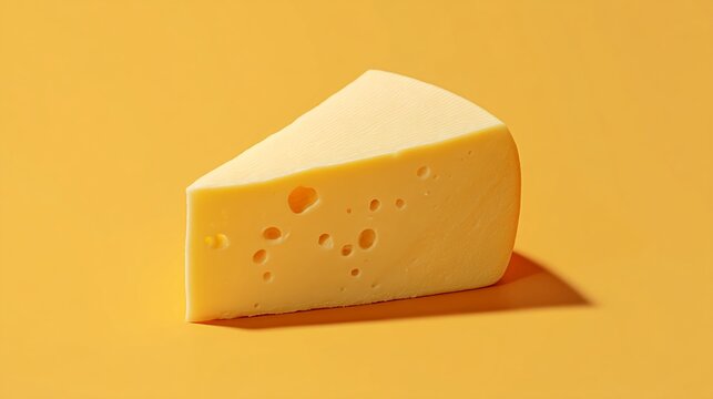 Pale yellow cheese wedge on yellow background, showcasing dairy product texture and holes, ideal for food blogs or culinary advertisements, free space for text
