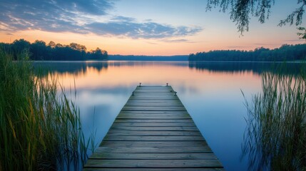 Fototapeta premium Tranquil lakefront wooden pier at sunrise.