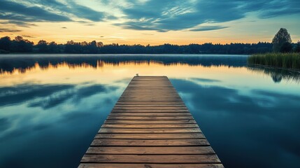 Obraz premium Serene lake sunrise with a wooden pier.