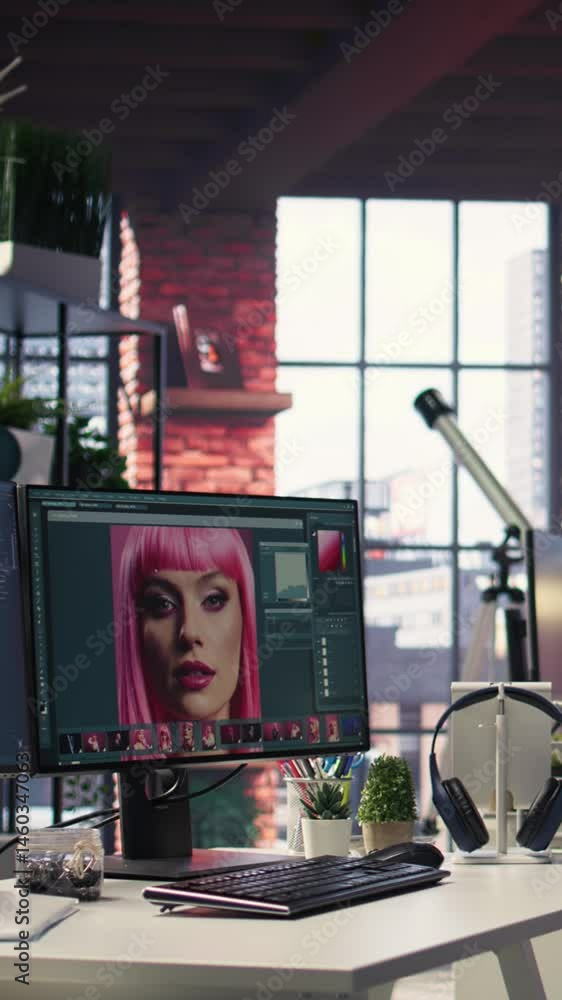 Poster vertical video inspiring creative workspace with professional editing software and ai chat bot open 