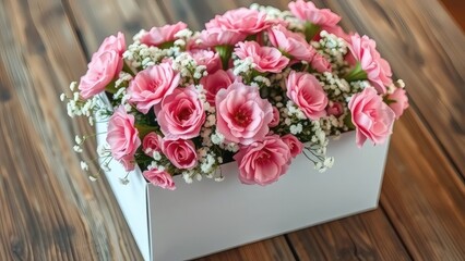 White mom box with pink carnations and baby's breath on wooden table