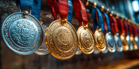 Medals showcasing achievement in sports and fitness displayed with vibrant ribbons in a competitive setting