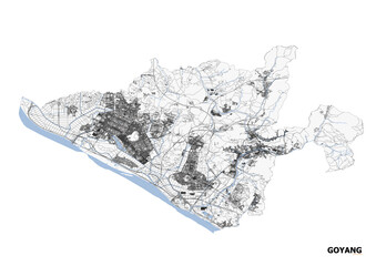 Vector map of highways, waterways and buildings in Goyang, south korea with black and white color.