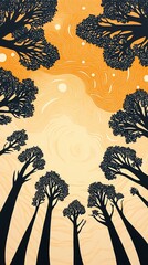 A stunning silhouette of tall trees against a warm orange sky. The contrasting colors create a serene atmosphere, perfect for nature lovers and art enthusiasts.