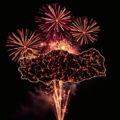 Festive poster with Turkey map and night sky fireworks display