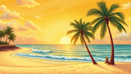 Illustrated drawing of a sunny beach with palm trees at sunset