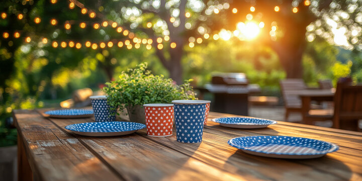 Colorful patriotic tableware set up for a summer BBQ gathering in a backyard with warm sunset lighting