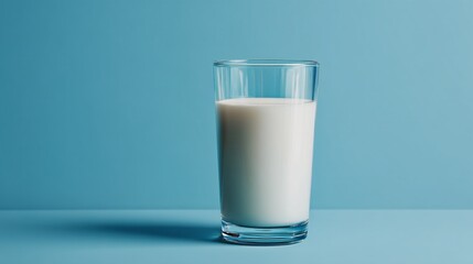 Glass of milk on blue background, showcasing purity and freshness, ideal for dairy product advertisement or healthy lifestyle concepts