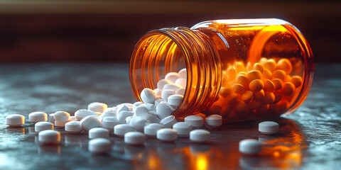 Pills spill from open medicine bottle onto wooden surface, highlighting health and wellness products