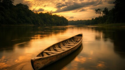 Fototapeta premium Tranquil wooden canoe on a calm river at sunset.