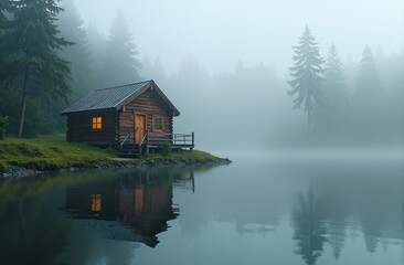 Fototapeta premium house on the lake in the forest, melancholic vibe