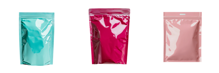 Png of Three vibrant, colorful packaging pouches in aqua, magenta, and blush pink, showcasing a modern and appealing design.