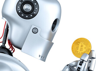 Robot is holding a bitcoin cryptocurrency coin, symbolizing the future of finance and technology