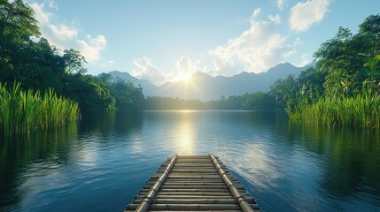 Naklejka premium Tranquil lake scene, bamboo dock. Lush jungle, sunrise