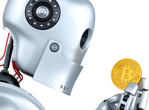Robot is holding a bitcoin cryptocurrency coin, symbolizing the future of finance and technology - Powered by Adobe