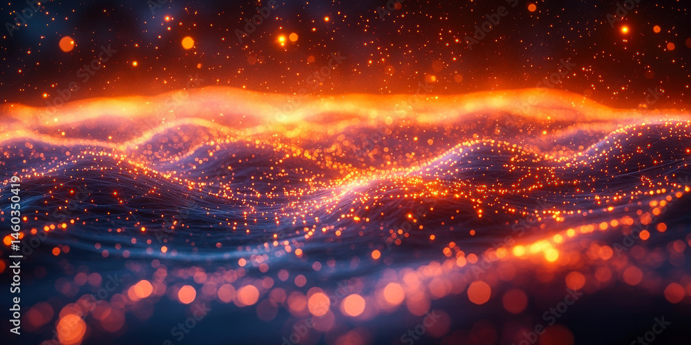 Poster exploring abstract network connections and communication through vibrant waves and glowing particles