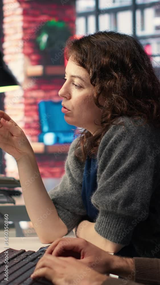 Poster vertical video man and woman filmmakers editing video shoot in post production, using modern tech se