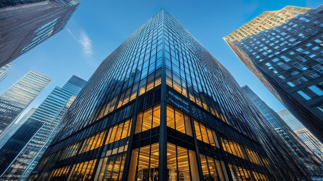 High-rise business tower featuring clean walls and expansive windows, a bold and professional representation of modern design.  