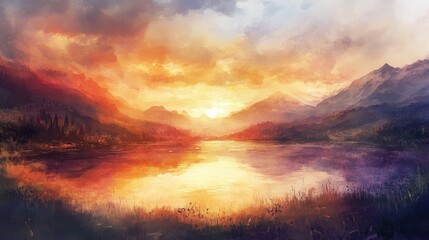 A breathtaking mountain lake scene at sunset.