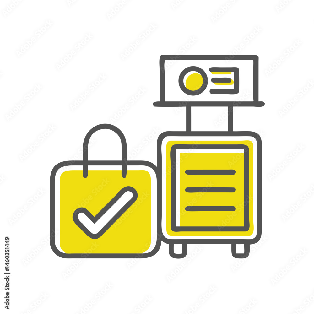 Poster check-in baggage icon with confirmation symbol for travel process concept with copy space