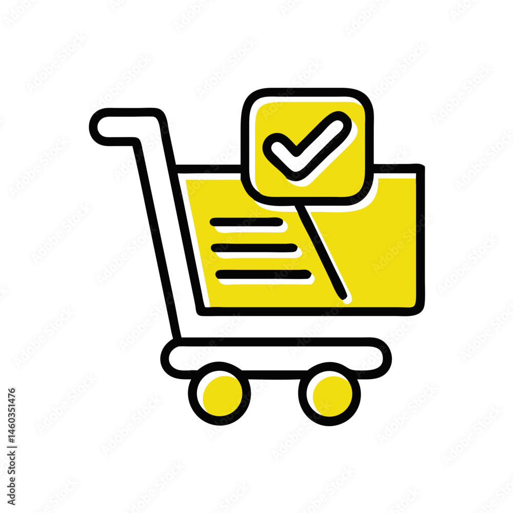 Poster shopping cart icon with confirmation symbol for check-out process concept with copy space