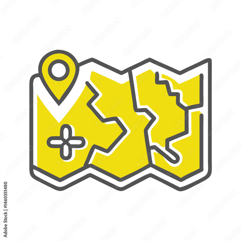 Poster yellow map icon with location pin for navigation and exploration concept with copy space