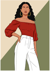 Sleek vector flat illustration of a stylish woman in a stylized fashion model. Editorial fashion with a modern, minimalist aesthetic. Perfect for contemporary designs