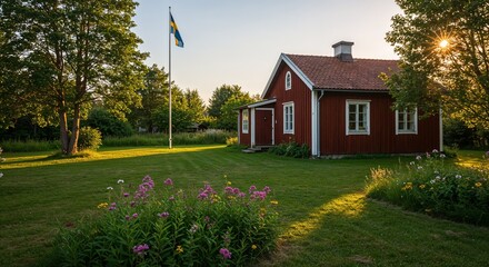 Small Swedish summer cottage with red facade, white-painted corners, green garden, flagpole with Swedish flag, and sunset light