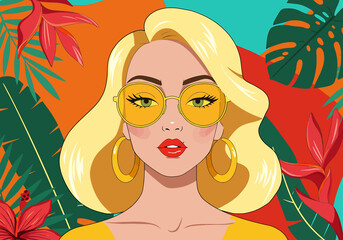 Vibrant vector flat illustration of a stylish woman embracing spring. Editorial fashion with tropical leaves and flowers. Perfect for fresh, modern background banner designs