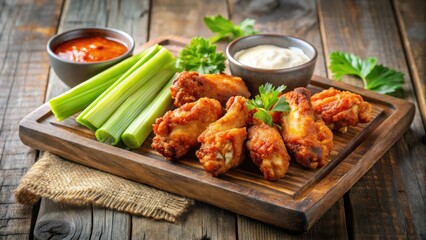 Savory Roasted Chicken Wings with Celery and Dipping Sauces on Rustic Wooden Board