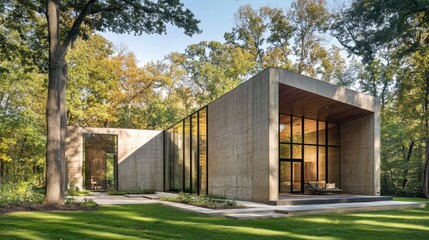 Concrete facade with recessed windows and shadow play