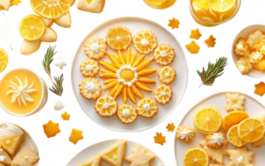 Delicious homemade sun-shaped cookies and lemon treats arranged on a table for a bright, cheerful setting isolated on white background PNG