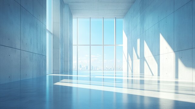 Industrial office building with smooth blue facade, large windows under a bright sky, wide perspective emphasizing clean lines and open space.  