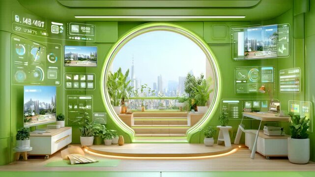 Futuristic green living space with digital displays.