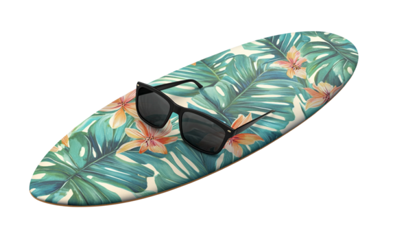 Stylish surfboard featuring a tropical pattern and sunglasses, ideal for sunny surf days isolated on white background PNG