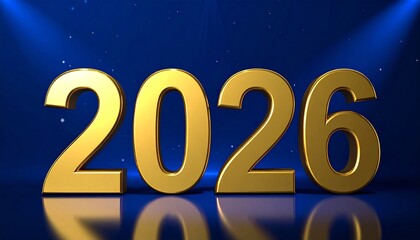 Golden 2026 numbers on blue background with reflective surface and sparkling effects