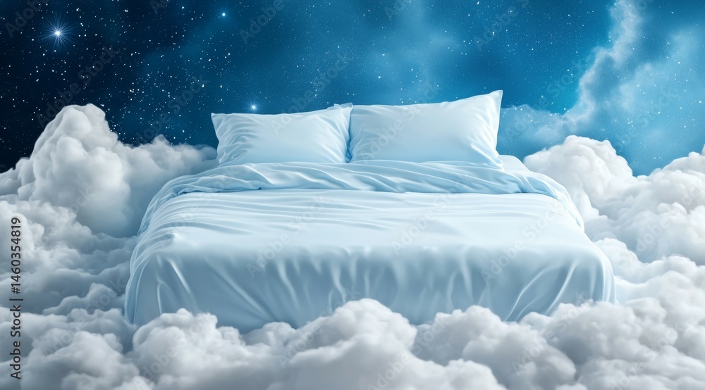 Poster bed is floating in the clouds with pillows and sheets